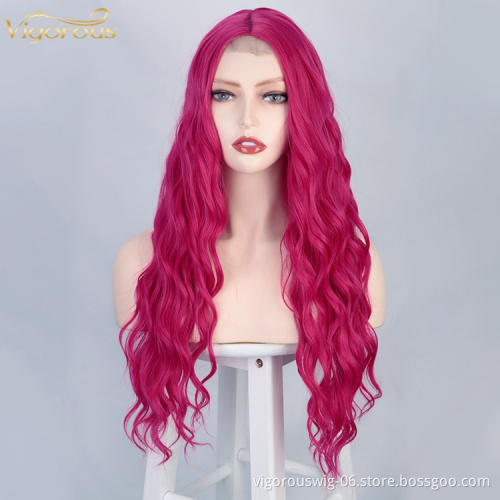 Vigorous Lace High Quality Synthetic Long Wavy red Full Wig front for Women Cosplay Heat Resistant Fiber Curly Colorful Wig